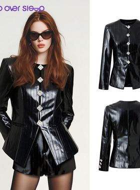 Sleep Over Sleep秋冬新款黑色钻扣装饰修身环保皮革夹克皮衣女