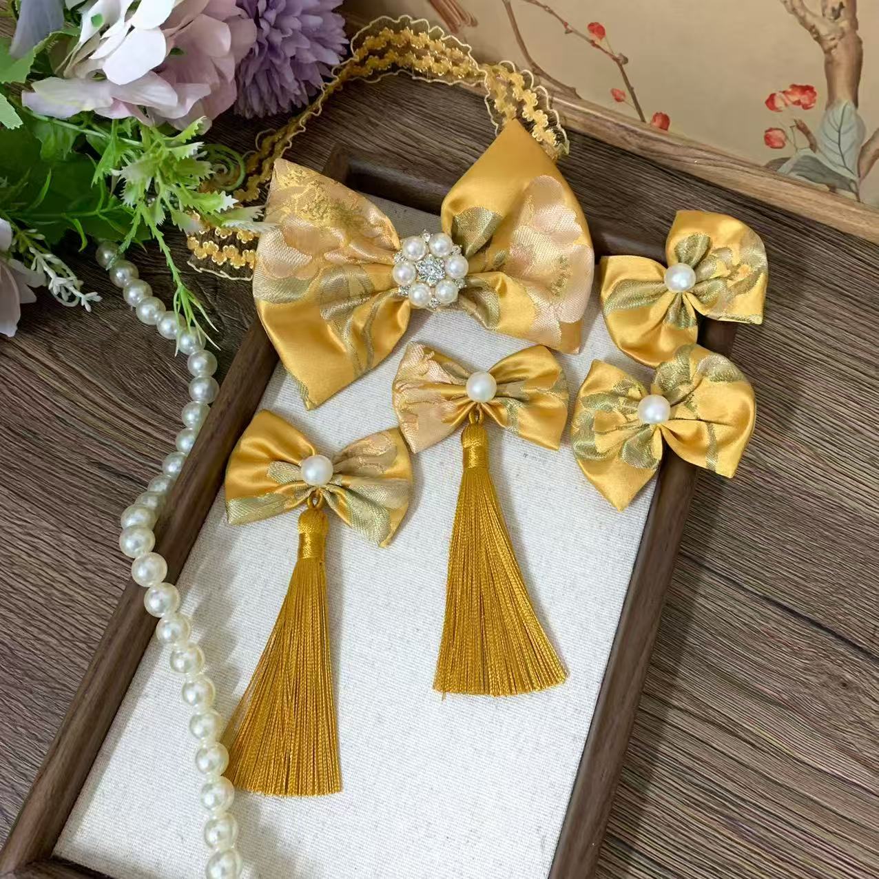 新中式婴儿金黄色发箍百天周岁满月礼服头饰手工弹力发带中国风