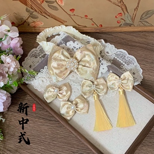 原创新中式发饰女宝宝米色杏色发带百天周岁礼服香槟色手工发夹