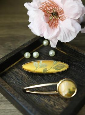 国风宋锦发夹女童成人头饰唐装汉服发卡黄色中国风气质显白侧边夹