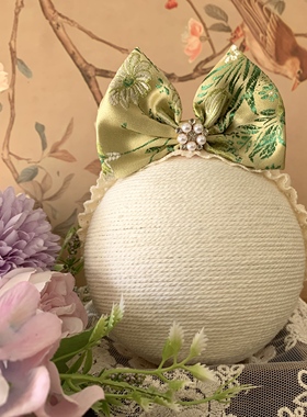 新中式女宝宝绿色发带百天周岁礼服汉服唐装抓周国风头饰拍照写真