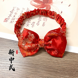 新中式红色手工发饰女宝宝百天周岁发带礼服汉服唐装抓周国风头饰