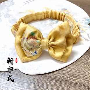 新中式黄色深红色礼服头饰女宝宝百天周岁唐装发带抓周蝴蝶结发夹