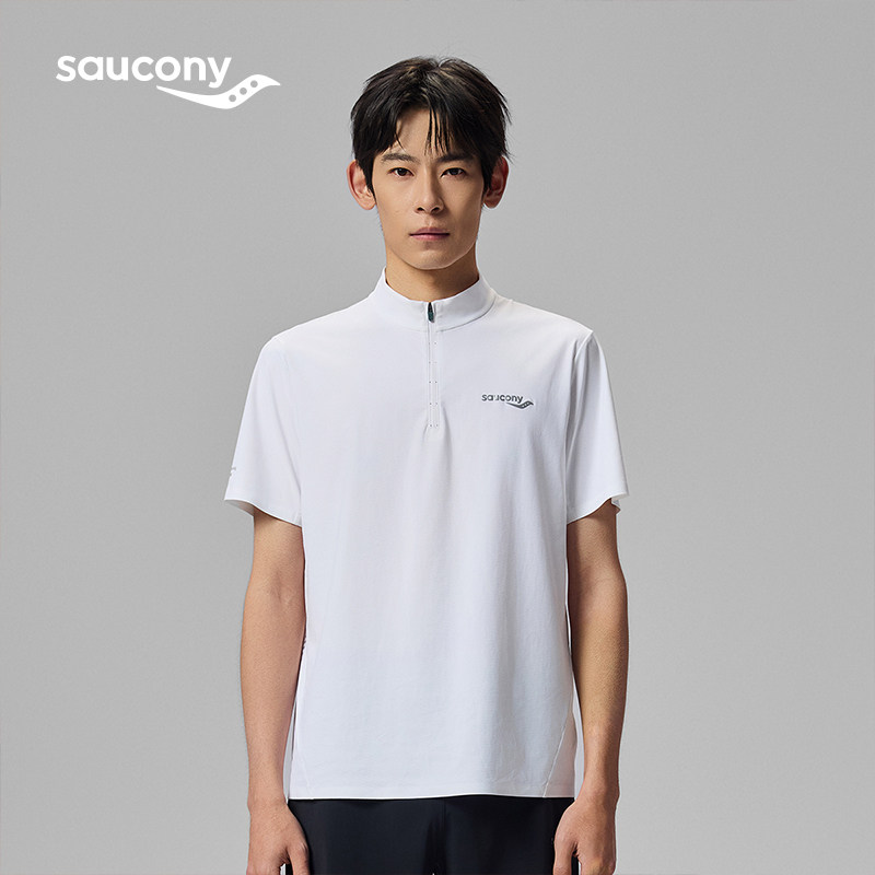 Saucony索康尼男款跑步训练运动户外舒适透气短袖半拉链针织衫 - 实物图