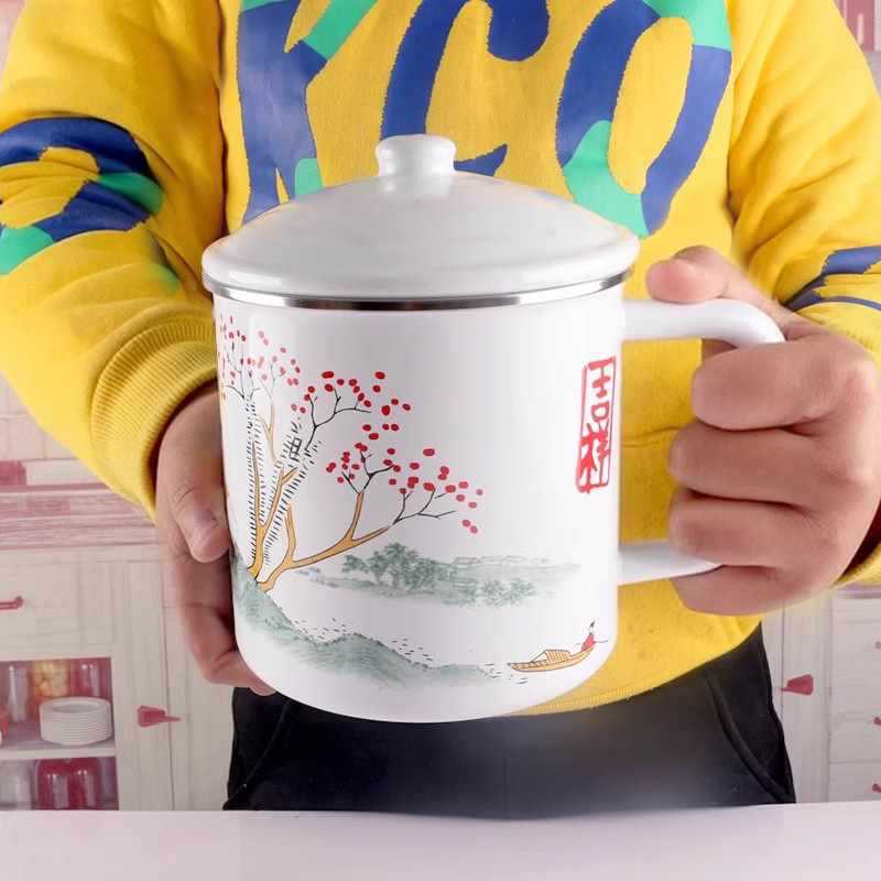 经典怀旧水杯大容量泡面老式搪瓷杯复古风铁杯子带盖茶缸子马克