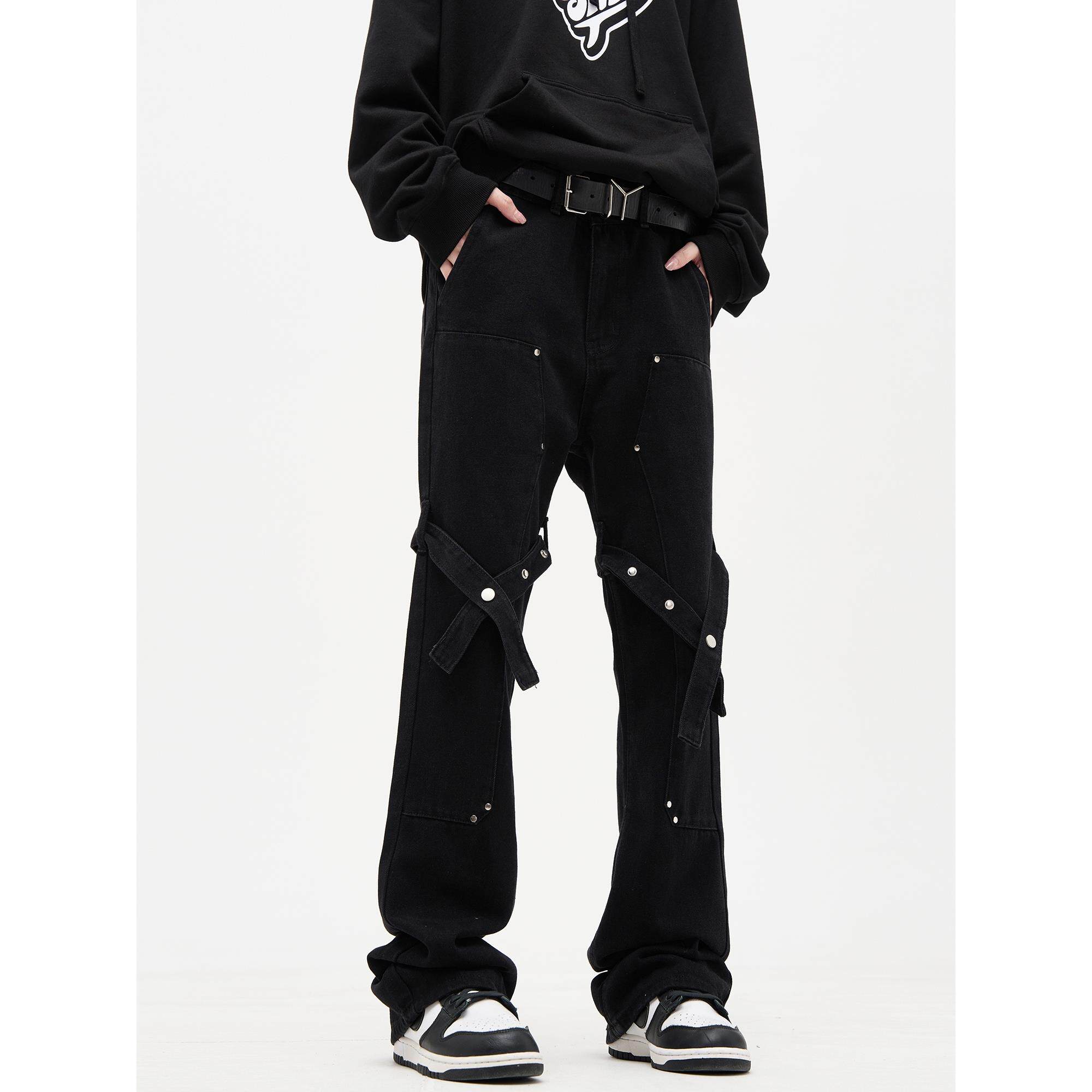 MADWITCH原创设计高街绑带微喇直筒裤牛仔裤男黑色休闲工装裤裤子
