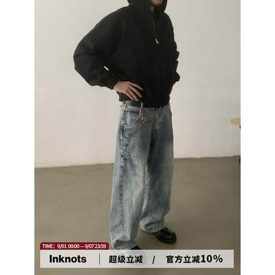 INKNOTS美式复古水洗做旧宽松直筒baggy牛仔裤男女潮牌廓形休闲裤