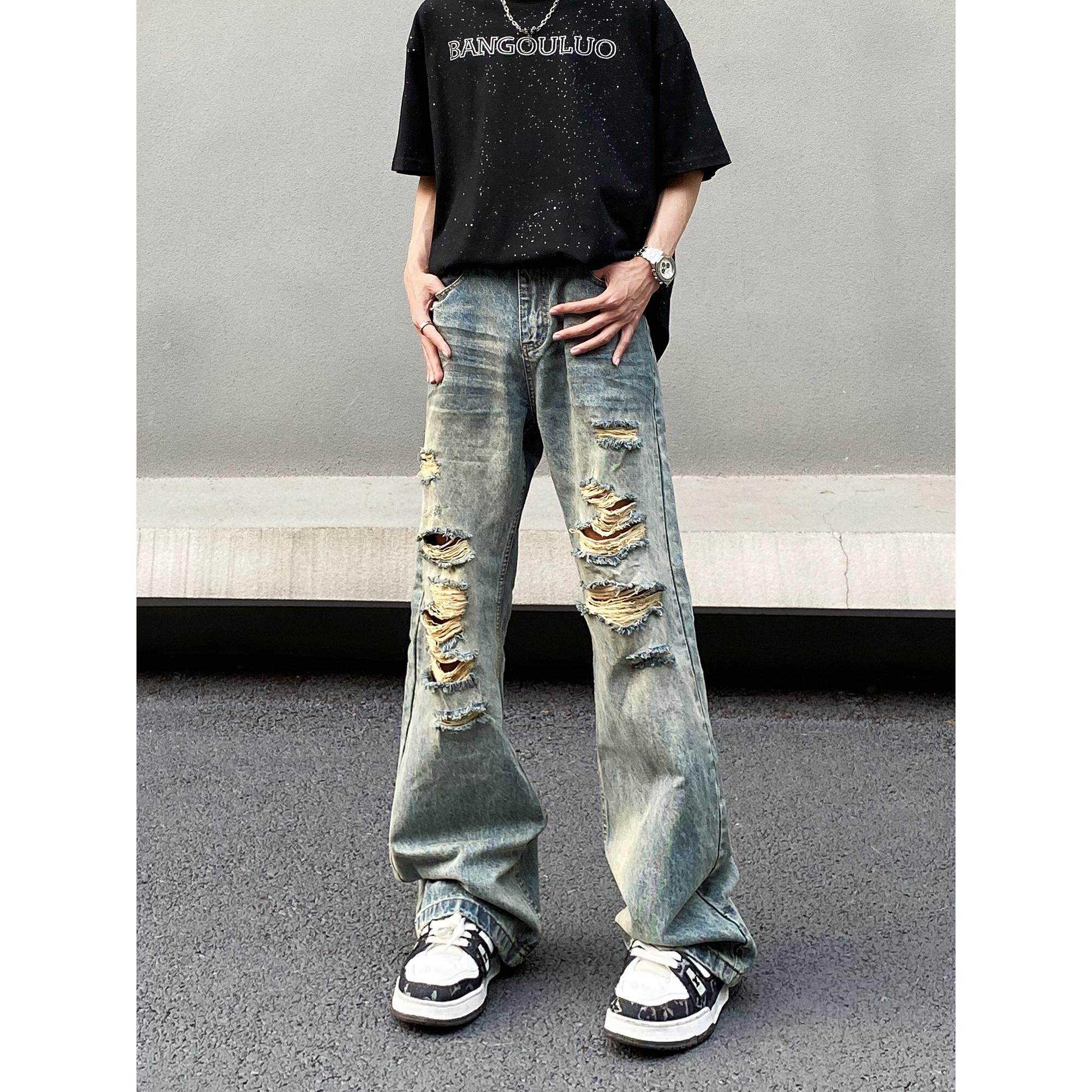 美式复古水洗做旧破洞牛仔裤男宽松直筒潮牌痞帅微喇叭设计感裤子