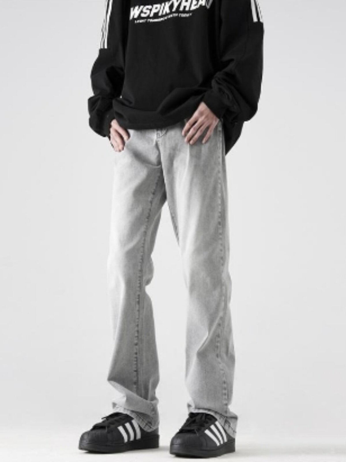 美式水洗青少年弹力牛仔裤男款重磅宽松直筒休闲裤cleanfit微喇裤