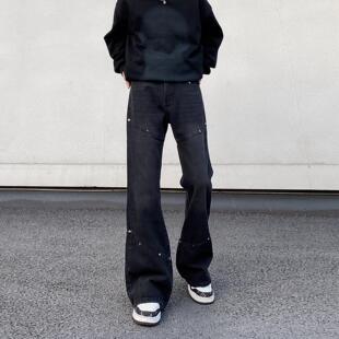美式复古做旧拼接解构黑色牛仔裤男直筒宽松cleanfit微喇廓形裤子