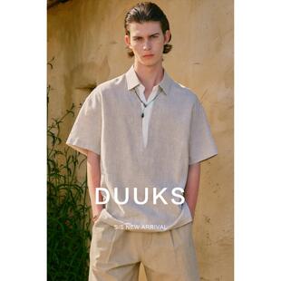 DUUKS假两件100%亚麻POLO衫男士短袖2026新款夏季薄款休闲半袖T恤