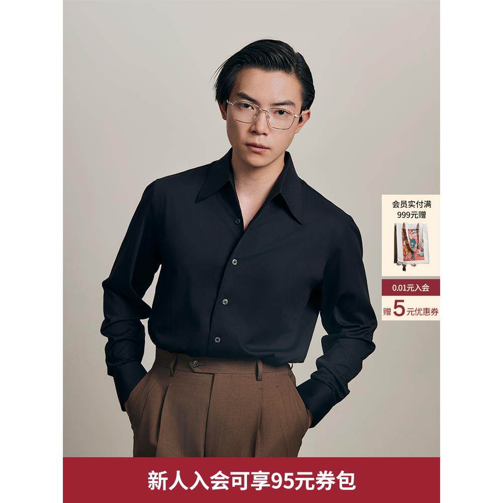 【一片领竹纤维】平圆方中黑色通勤衬衫错位上袖男休闲抗皱衬衣