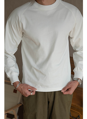 WR唔刃美式复古长绒棉300g重磅长袖T恤插肩宽松打底衫白色男春秋