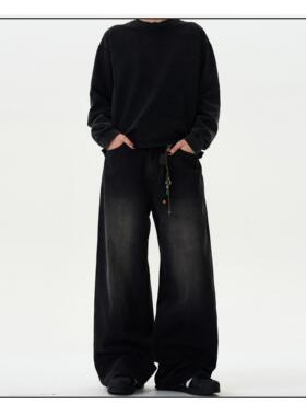 MADWITCH复古水洗bootcut牛仔裤男女宽松休闲阔腿直筒黑色裤子ins