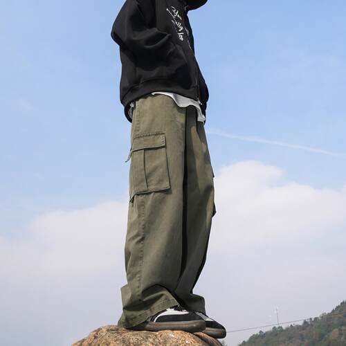 GOGOSOON春季300g水洗男士直筒休闲裤军绿色纯棉工装裤青少年裤子
