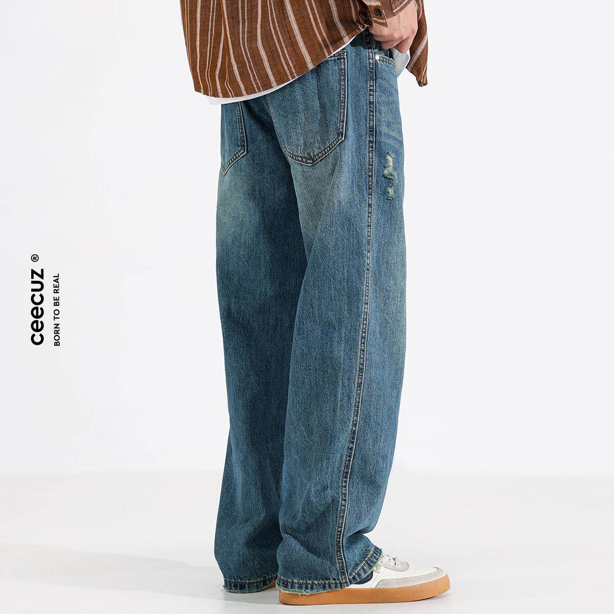 Ceecuz直筒牛仔裤男款春秋新款宽松阔腿裤水洗休闲长裤大码裤子潮