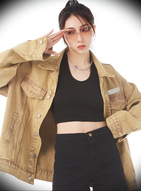 SPEAR YOUTH原创咖色水洗刺绣牛仔外套男女宽松情侣夹克上衣新品