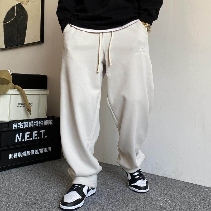 春秋季美式休闲痞帅高端针织卫裤男直筒宽松抽绳百搭阔腿运动裤子