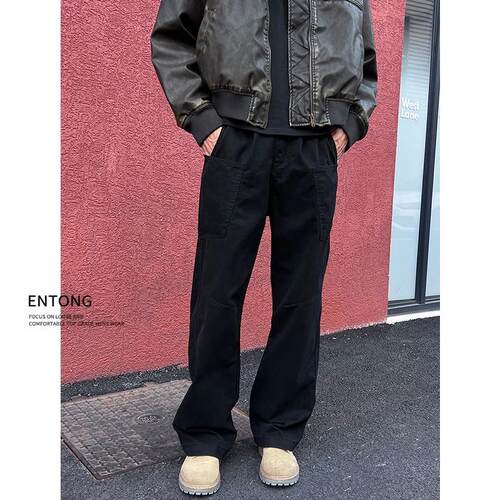 Entong美式高街vibe黑色休闲工装裤男生高级感痞帅宽松直筒微喇裤