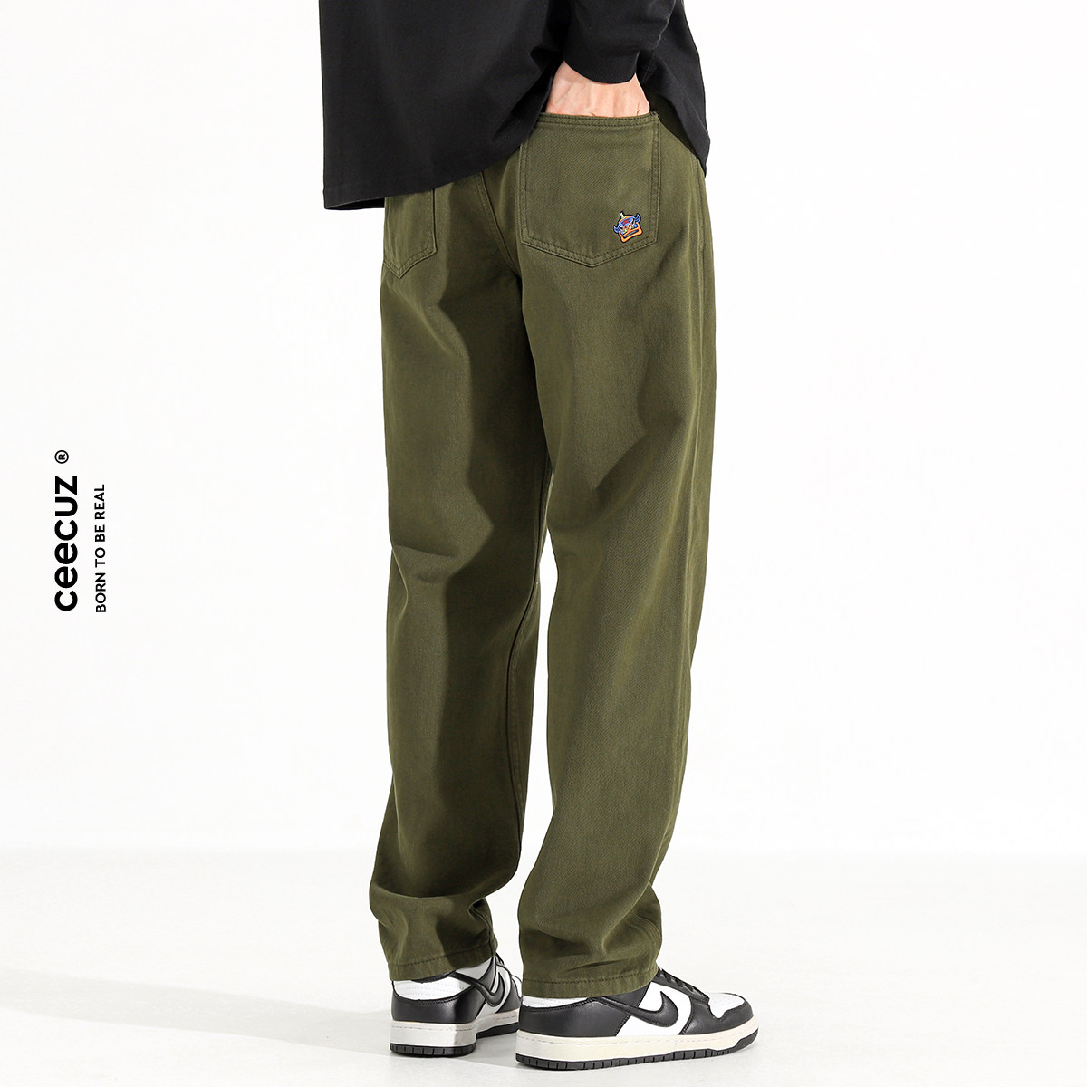 Ceecuz美式潮流直筒长裤子男款军绿色秋季新款宽松阔腿工装休闲裤