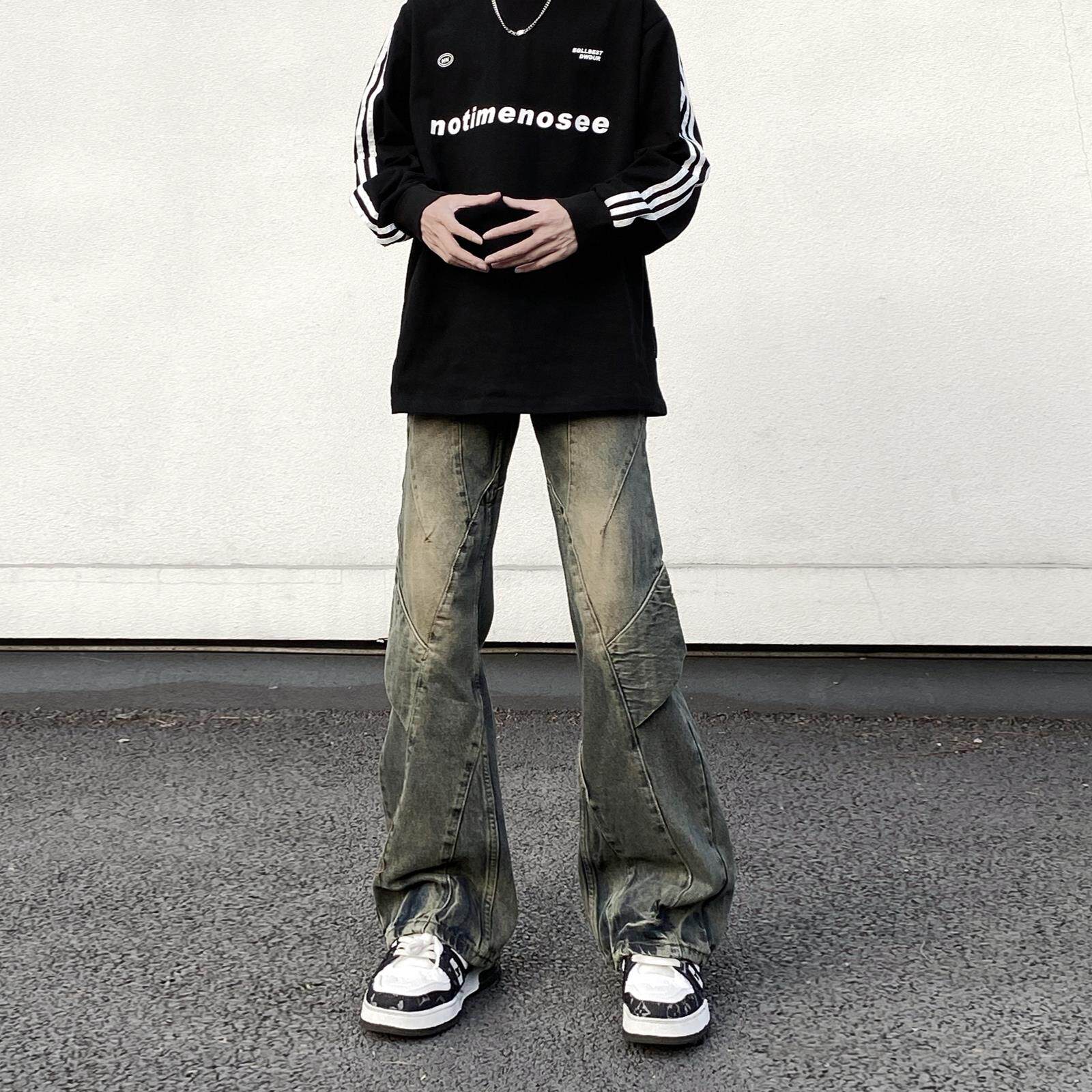 高街美式复古水洗做旧黄泥解构拼接牛仔裤男宽松微喇vibe痞帅裤子