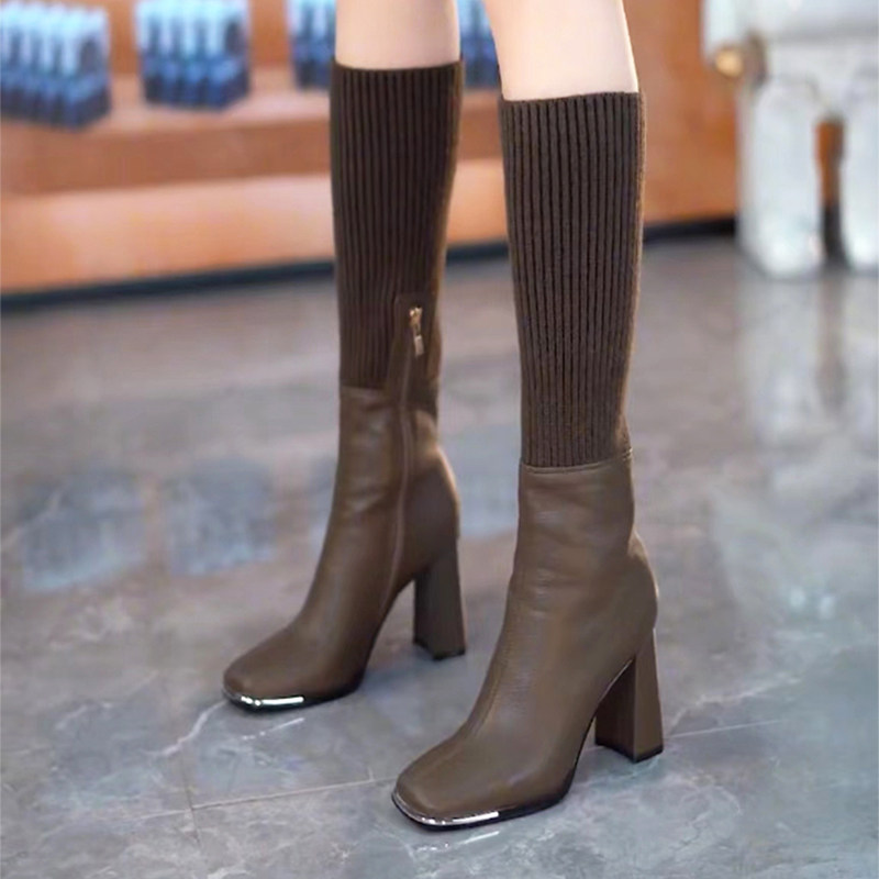 品牌鞋针织弹力马丁靴女2025秋冬新款方头粗跟切尔西高跟真皮短靴,女鞋,马丁靴,淘宝优惠券,粉丝福利购,淘宝优惠卷