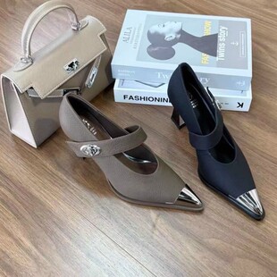 跟高7CM软皮浅口单鞋女2026年新款春秋时尚一字带尖头高跟小皮鞋