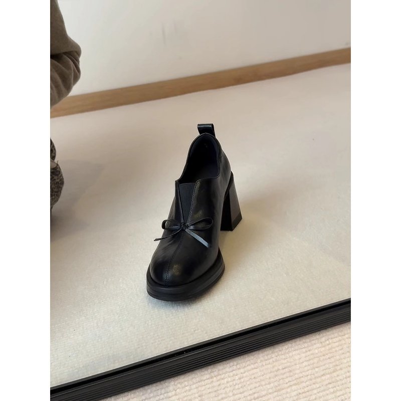 软皮圆头蝴蝶结休闲通勤单鞋女2026新款春秋百搭一脚蹬粗跟高跟鞋,女鞋,深口单鞋,淘宝优惠券,粉丝福利购,淘宝优惠卷