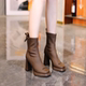 品牌鞋 粗跟防水台厚底气质瘦瘦靴 棕色方头高跟短靴女2026秋冬新款