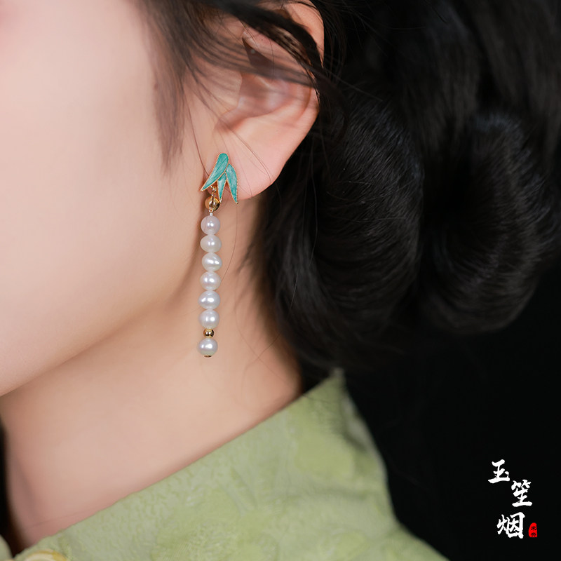 耳饰女竹叶古风旗袍新中式国风珍珠小众气质耳钉日常百搭2026新款