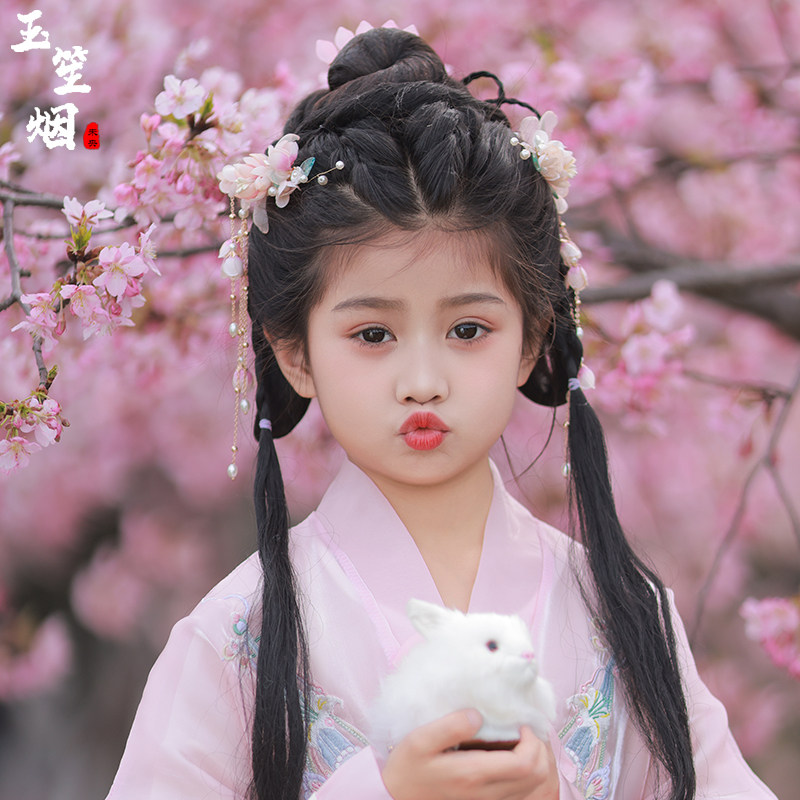 汉服女儿童头饰全套粉色绢花发夹图片