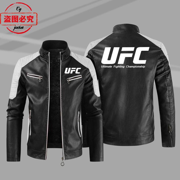 UFC终极格斗冠军赛标志印花皮夹克复古水洗PU皮衣防风工作服