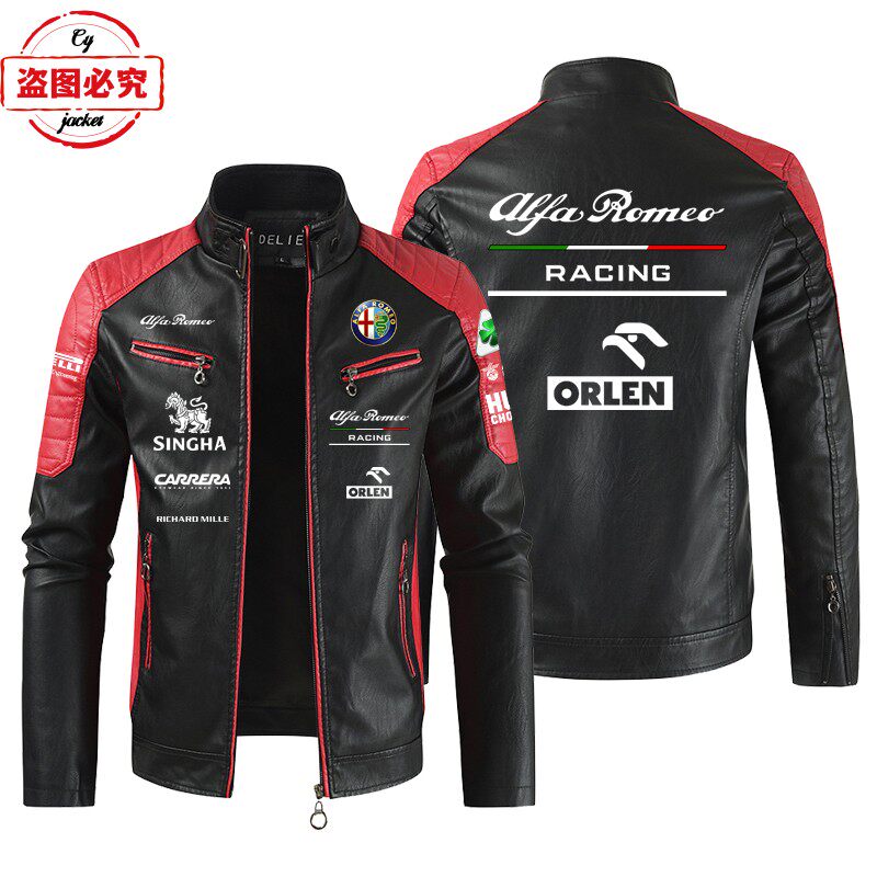 F1赛车服阿尔法车队LOGO印花皮夹克pu皮衣防风四季款男士夹克