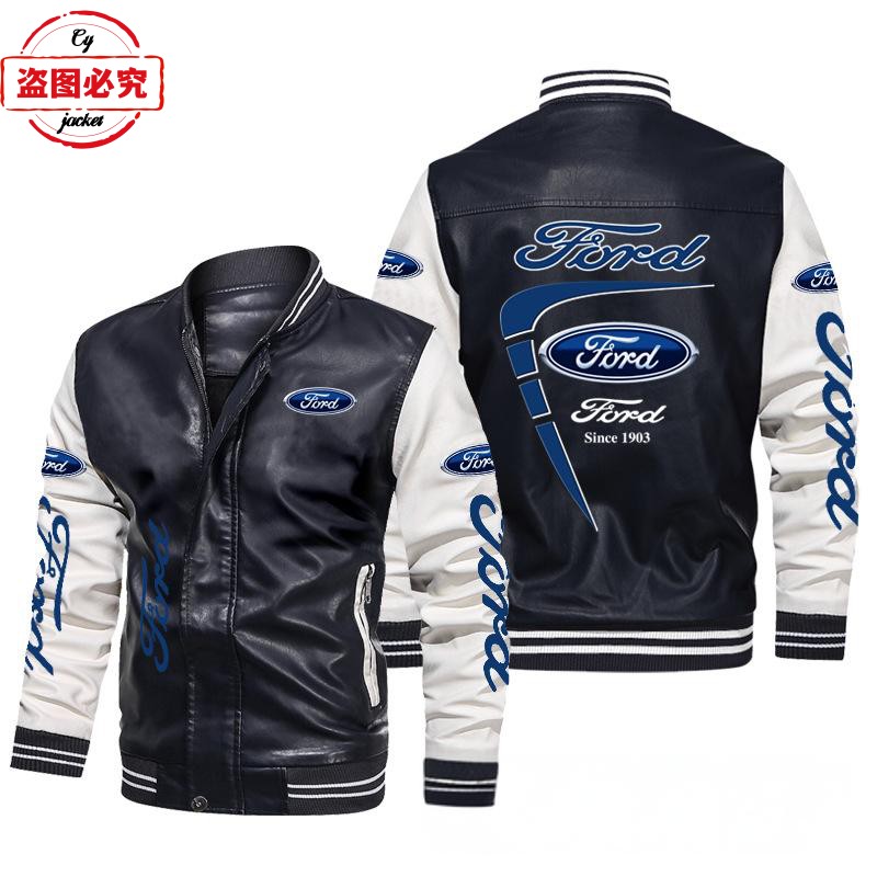 福特汽车LOGO赛车服拼色pu皮衣男士WRS拉力赛福特车队飞行员夹克
