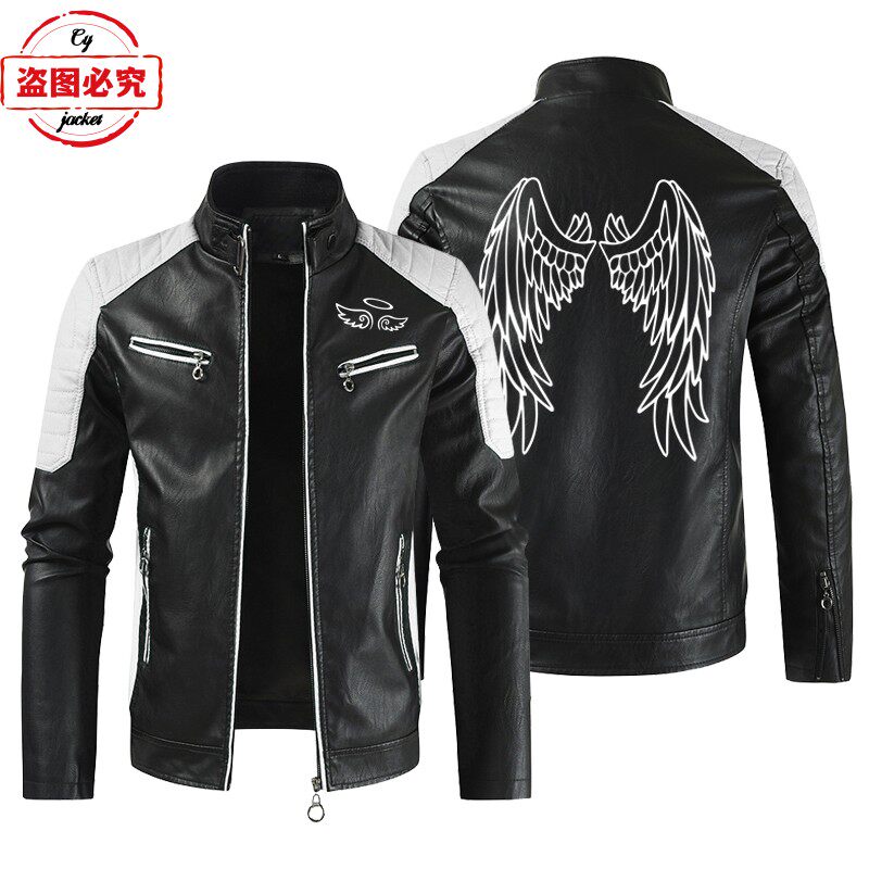 天使与恶魔印花机车服LOGO复古水洗pu皮衣防风摩托车骑行夹克男士
