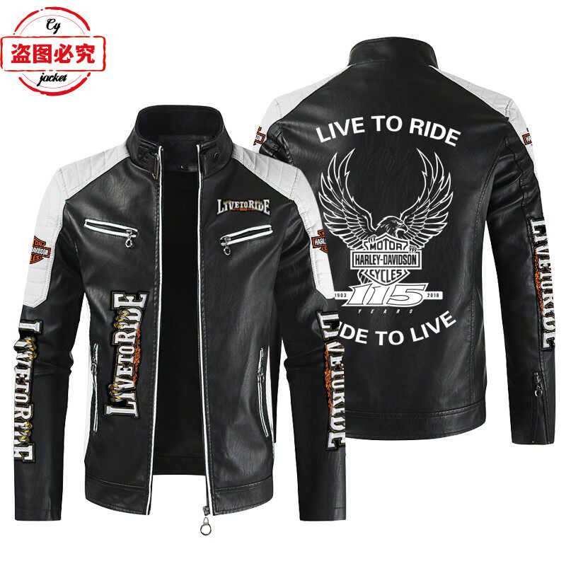 LIVE TO RIDE印花哈雷摩托车LOGO水洗pu皮衣防风款男士骑行夹克