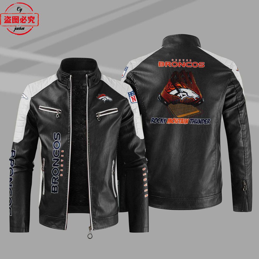 Denver Broncos橄榄球球队LOGO印花pu皮衣丹佛野马队服装男皮夹克
