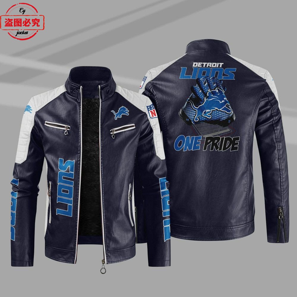 Detroit Lions橄榄球队LOGO印花pu皮衣底特律雄狮球队服装男夹克