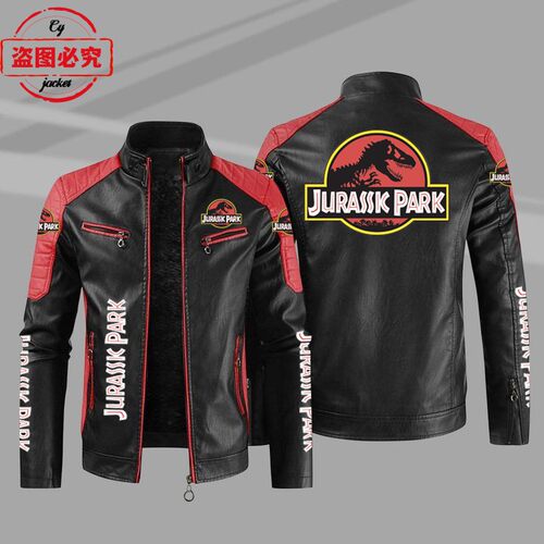 JURASSK PARK标志印花皮夹克复古水洗PU皮衣防风电影侏罗纪公园