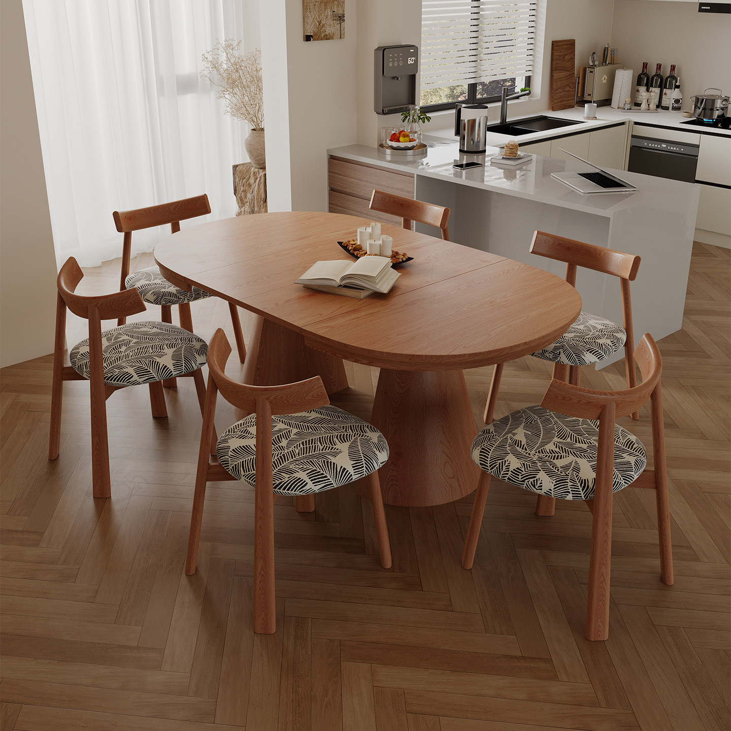 实木伸缩餐桌伸缩延长多尺寸家用小户型中古风椭圆形餐桌椅组合