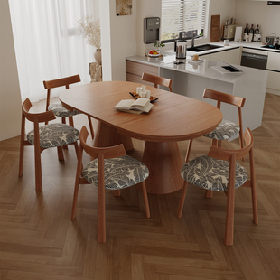 实木伸缩餐桌伸缩延长多尺寸家用小户型中古风椭圆形餐桌椅组合