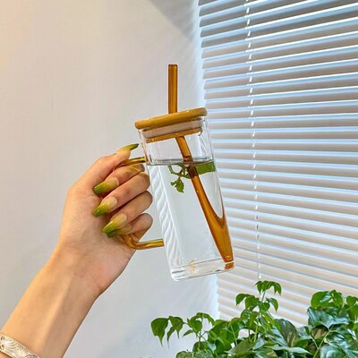 方形彩把杯高级感创意玻璃吸管杯带盖子奶茶杯大容量冷饮杯玻璃杯