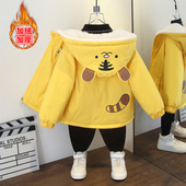 男童外套秋冬装 加绒加厚风衣帅气老虎印花中小童宝宝连帽棉服 时尚