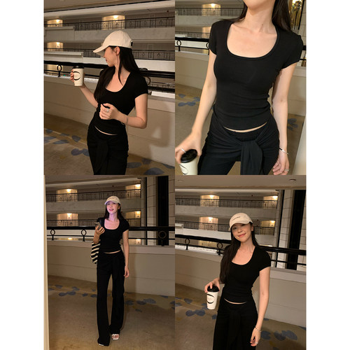 daydayicy 奶皮tee 正肩小衫女夏修身显瘦短款纯色辣妹基础款上衣
