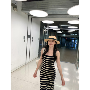 daydayicy 曼妙时光 条纹吊带连衣裙夏季显瘦黑白毛针织包臀裙子