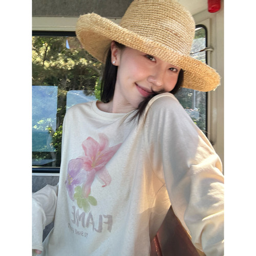 daydayicy 杏色花朵防晒罩衫女夏季薄款宽松慵懒印花圆领休闲上衣