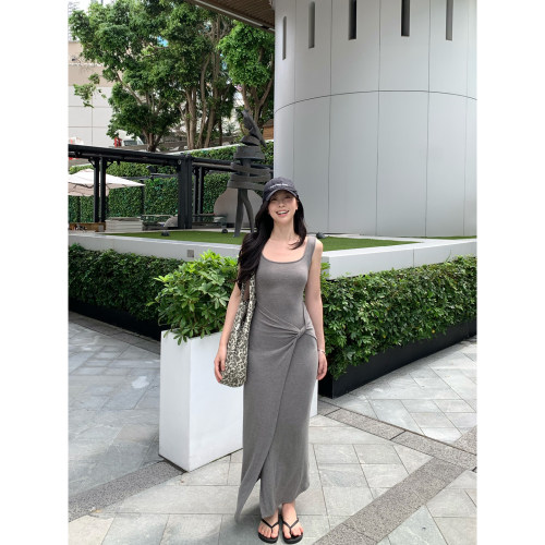 daydayicy 比例玩家 灰色纽结背心连衣裙夏季新款U领小众长裙女
