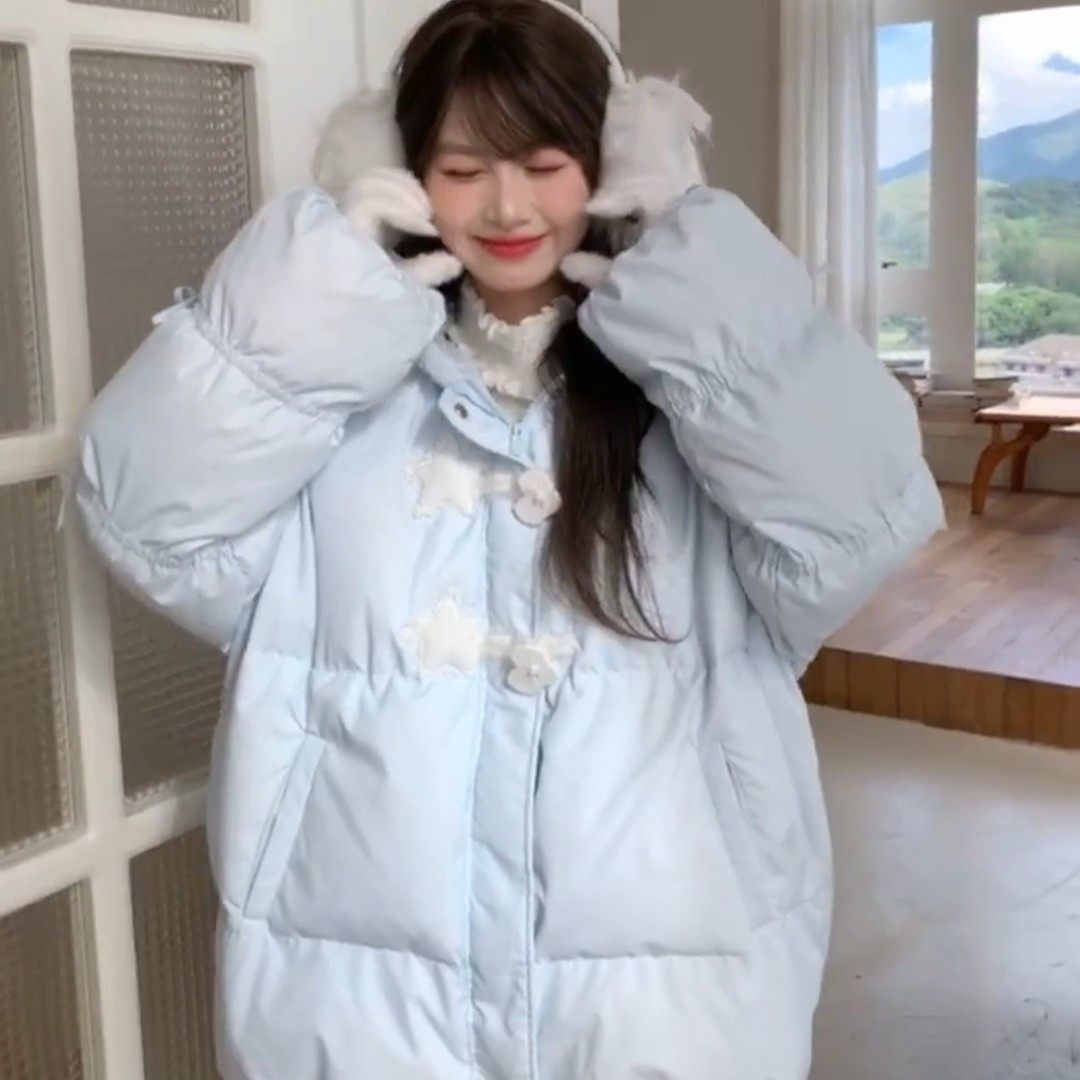 蓝色星星毛领连帽棉服外套女2025冬季新款加厚不臃肿宽松保暖棉袄