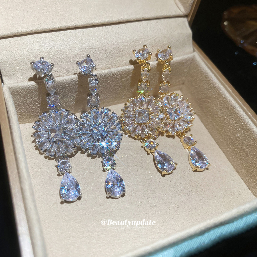 银针锆石圆形水滴流苏耳钉宫廷风气质小众耳坠耳环轻奢感耳饰