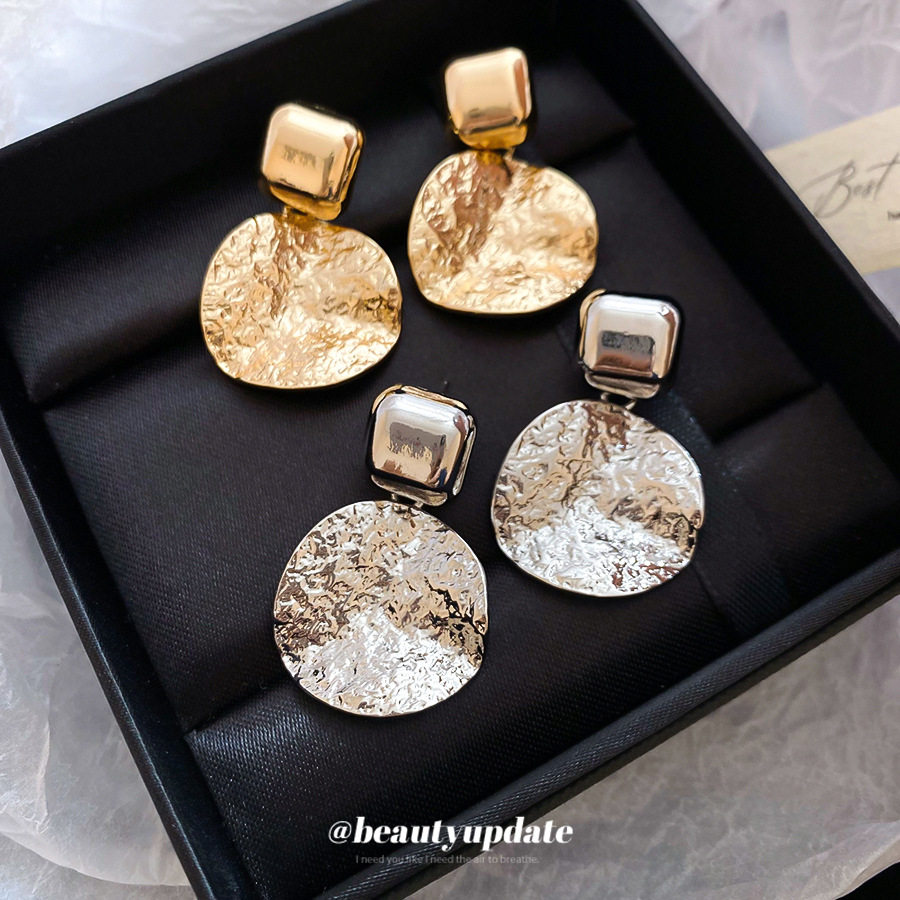 银针褶皱方形圆形吊坠耳环欧美跨境金属耳钉时尚耳饰设计感小众女